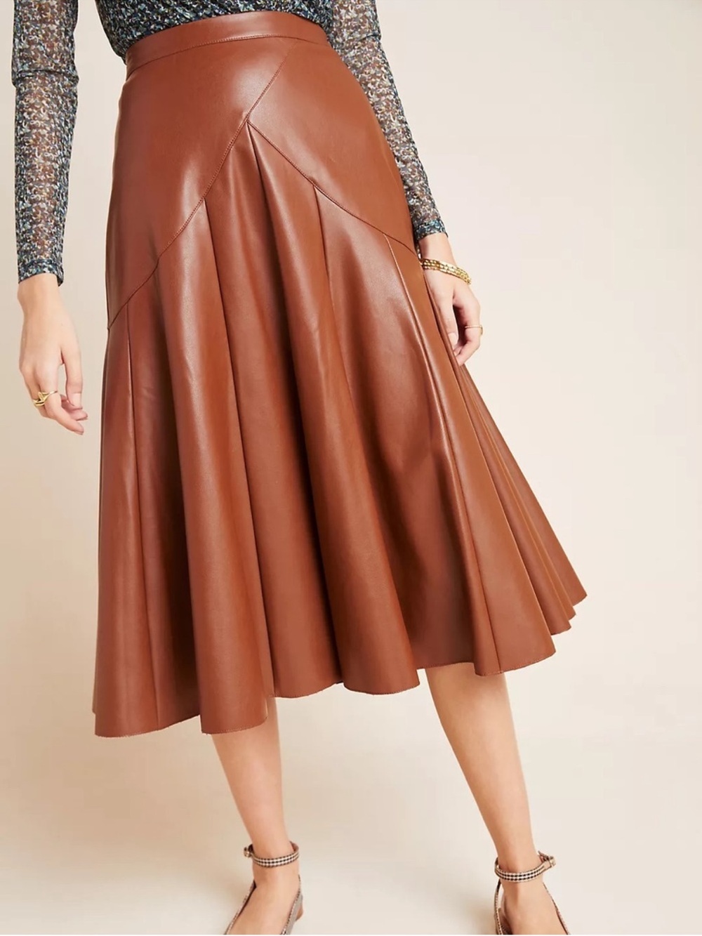 Anthropologie Maeve Mariska Brown Faux Leather Midi Skirt Size 2 A Line NWT